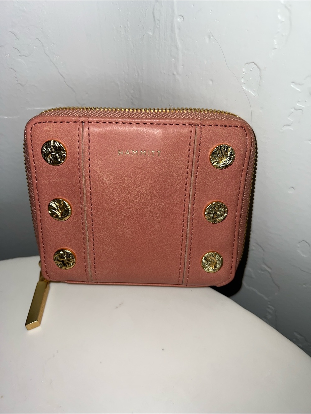 Hammitt 5 North Compact Zip Wallet in Sorbet Pink with Gold Studs